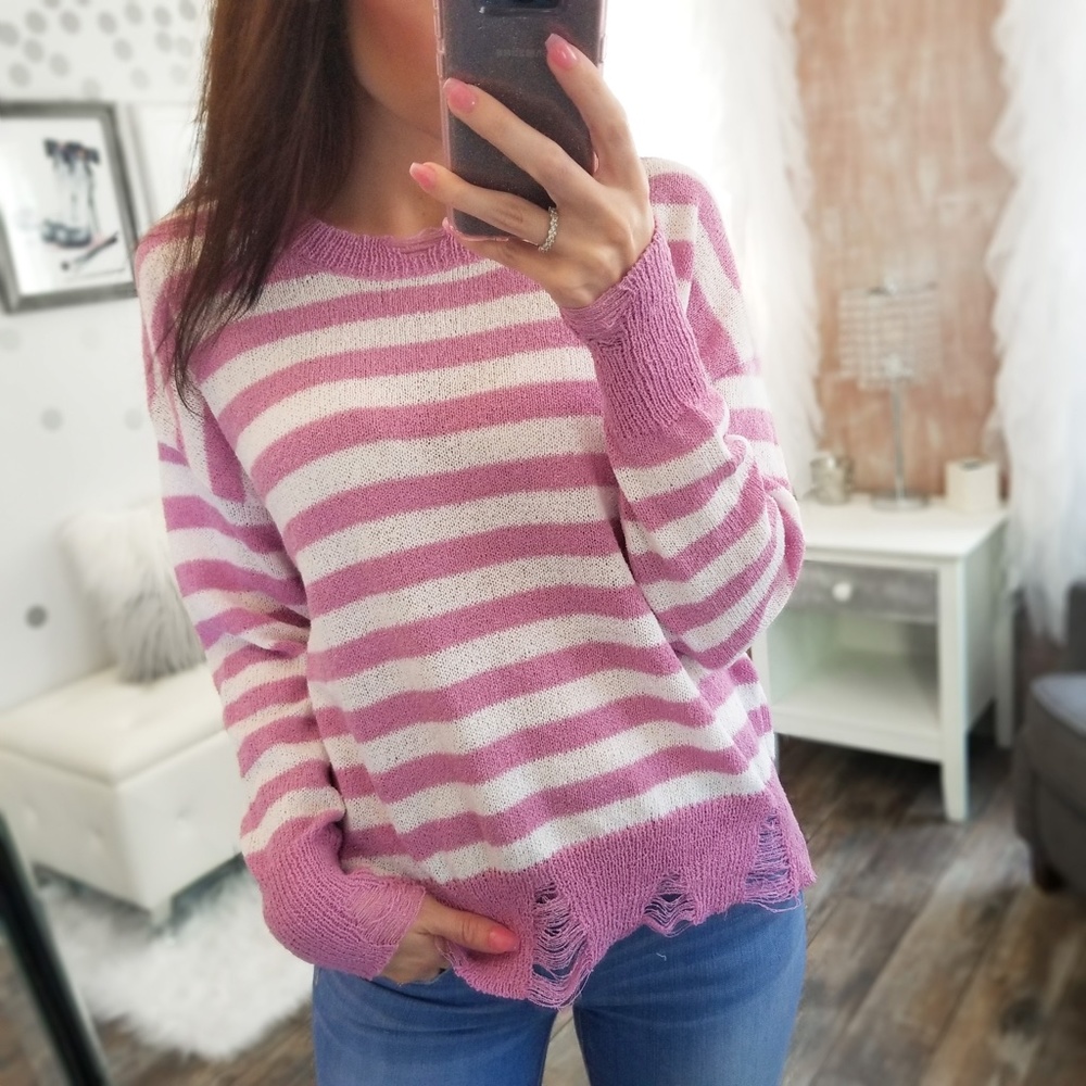 Spring Textured Sweater Top Knit Distressed Lightweight Sweater Purple White